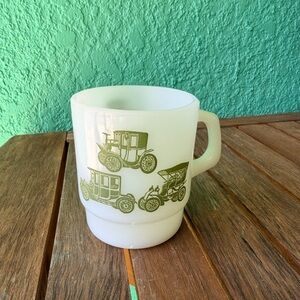 Vintage Fire King Milk Glass Coffee Mug Cup Green Antique Cars Automobiles